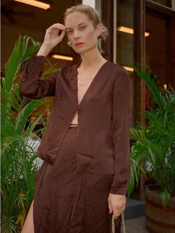 Ciao Lucia Chocolate Brown Ludavica 100% Silk Long Sleeve Open Hook Front Top M